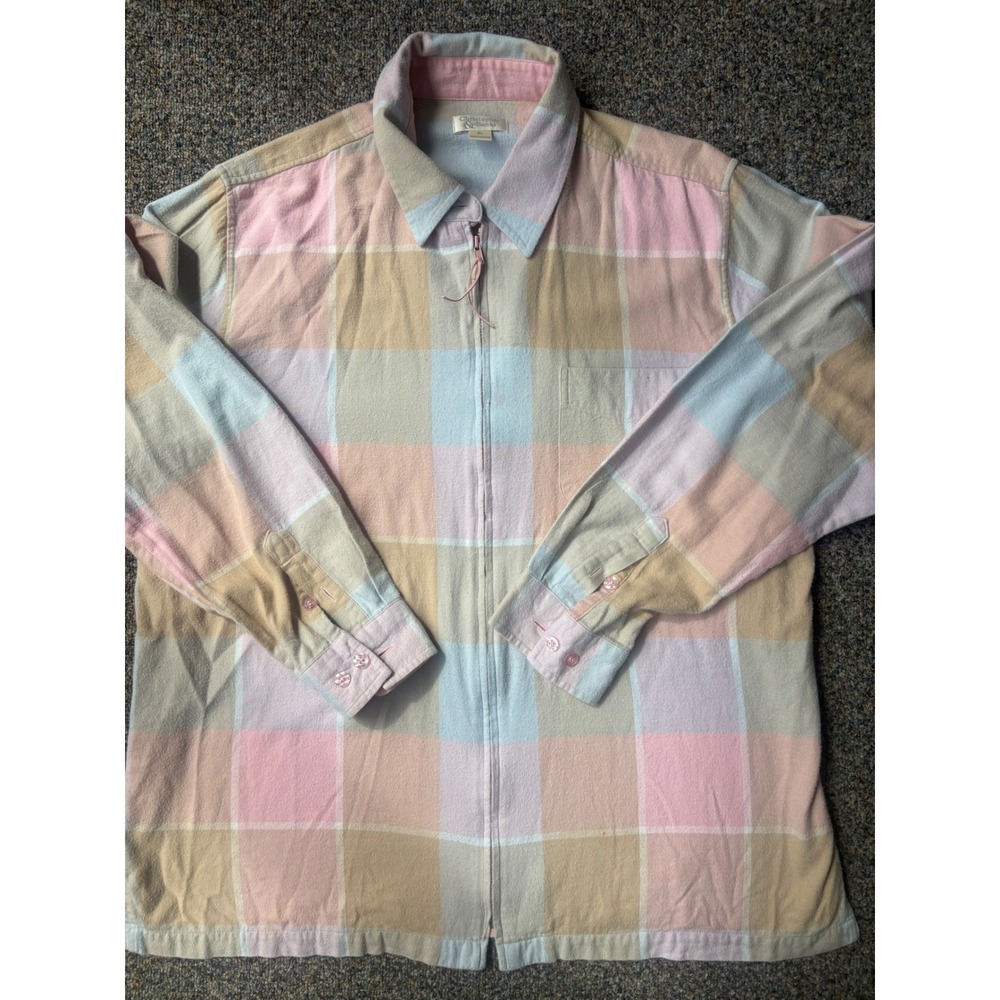 Fairygrunge Cottage Pastel Plaid Full Zip Flannel Shacket XL Pink Blue Tan